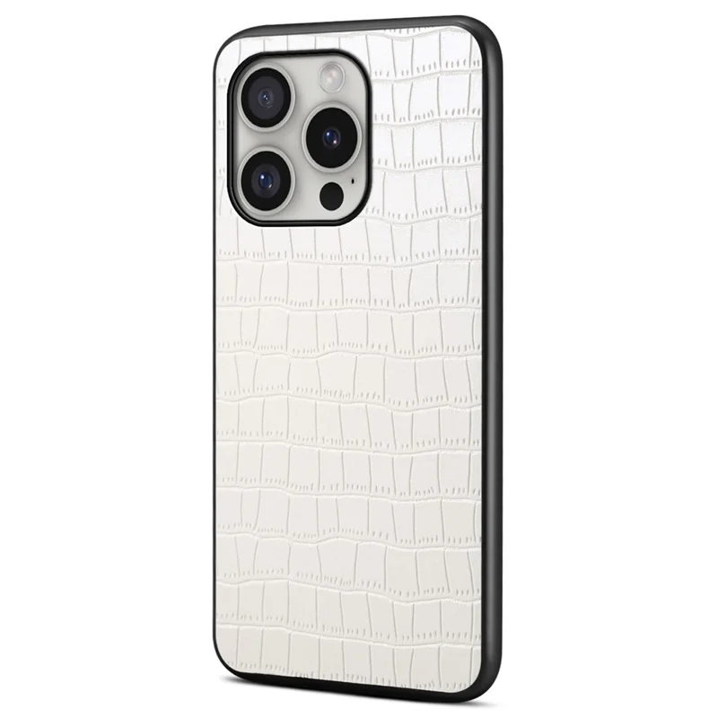 For iPhone 16 Pro Case Crocodile Texture Leather Coated PC+TPU Phone Cover - White