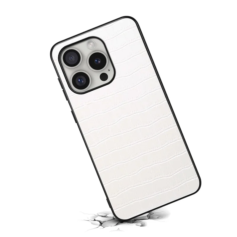 For iPhone 16 Pro Case Crocodile Texture Leather Coated PC+TPU Phone Cover - White