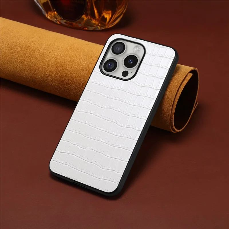 For iPhone 16 Pro Case Crocodile Texture Leather Coated PC+TPU Phone Cover - White