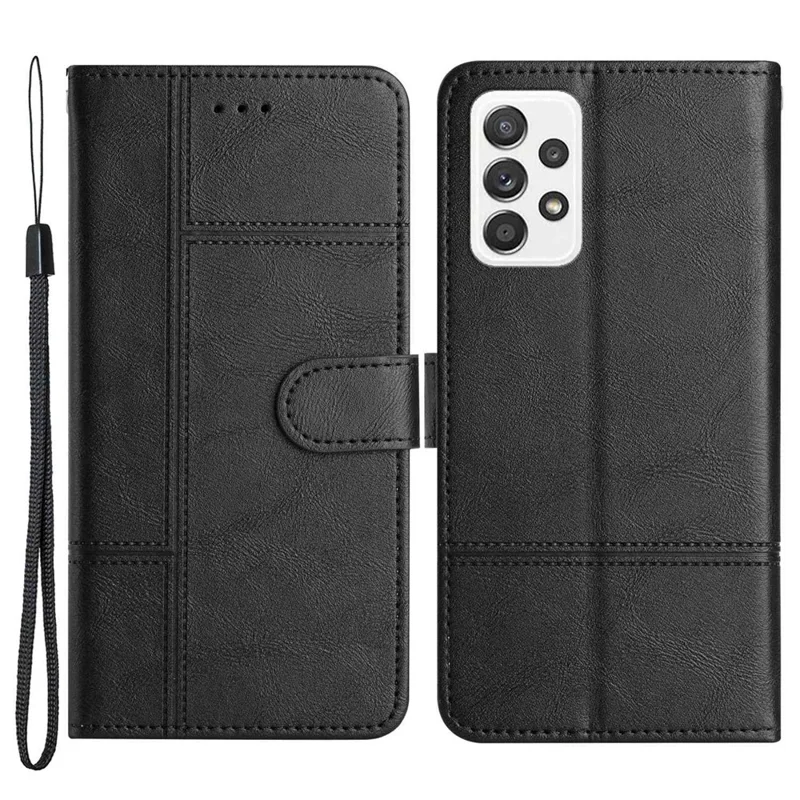Für Samsung Galaxy A32 4G (EU-Version) PU-Leder Geschäftsfall Linien geprägt Ständer Folio Flip Brieftasche Cover mit Riemen - Schwarz