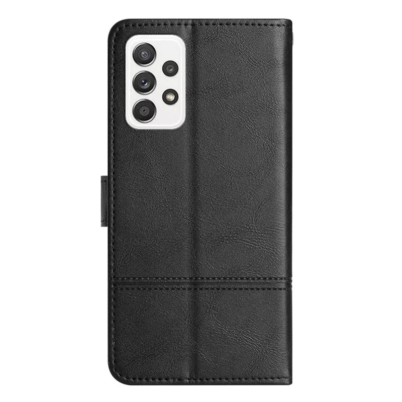Für Samsung Galaxy A32 4G (EU-Version) PU-Leder Geschäftsfall Linien geprägt Ständer Folio Flip Brieftasche Cover mit Riemen - Schwarz