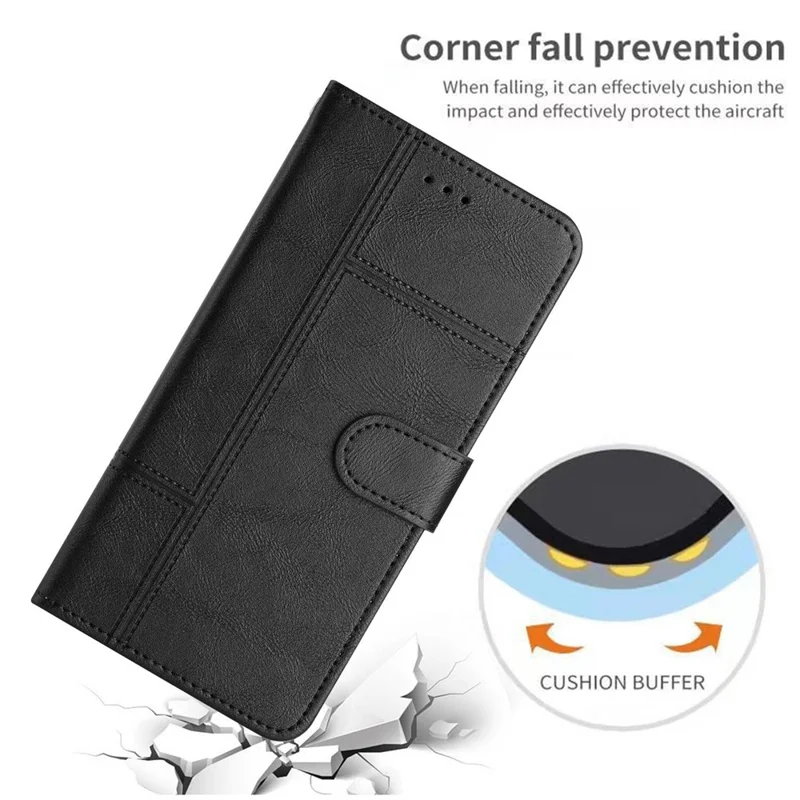 Für Samsung Galaxy A32 4G (EU-Version) PU-Leder Geschäftsfall Linien geprägt Ständer Folio Flip Brieftasche Cover mit Riemen - Schwarz