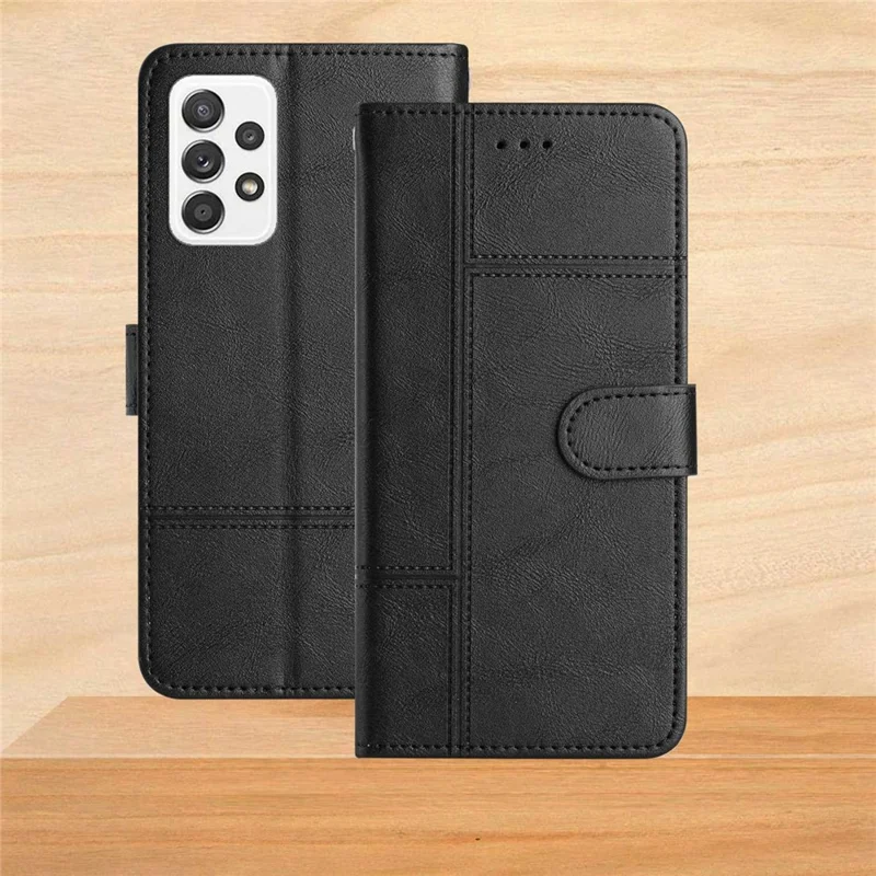 Für Samsung Galaxy A32 4G (EU-Version) PU-Leder Geschäftsfall Linien geprägt Ständer Folio Flip Brieftasche Cover mit Riemen - Schwarz