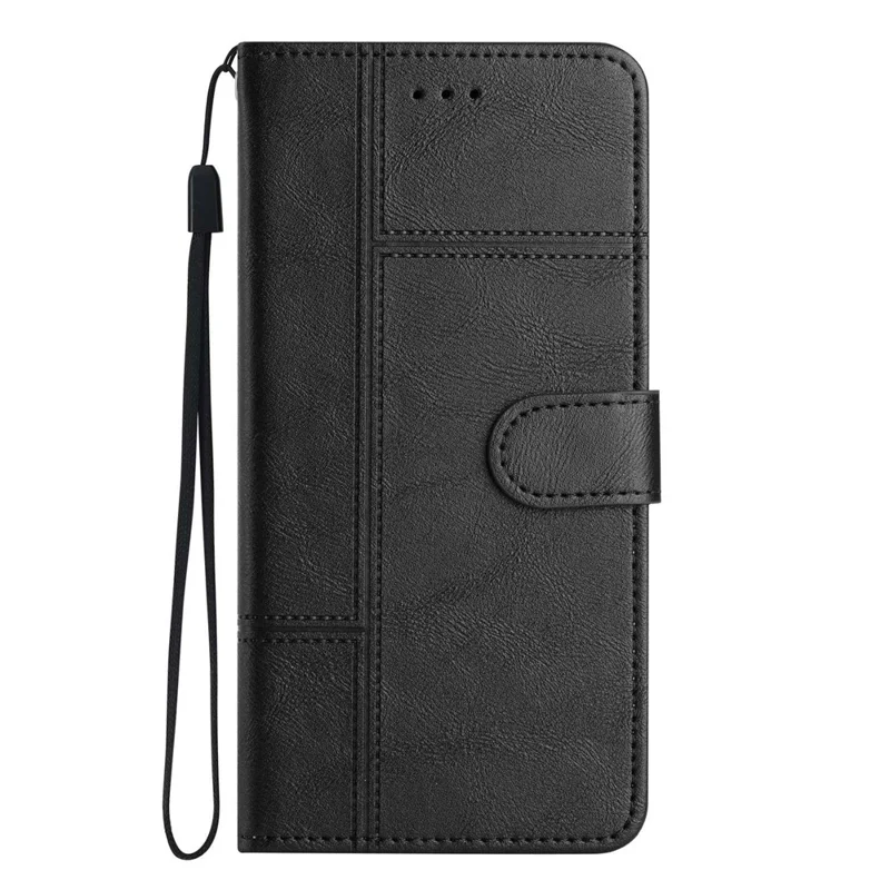 Für Samsung Galaxy A32 4G (EU-Version) PU-Leder Geschäftsfall Linien geprägt Ständer Folio Flip Brieftasche Cover mit Riemen - Schwarz