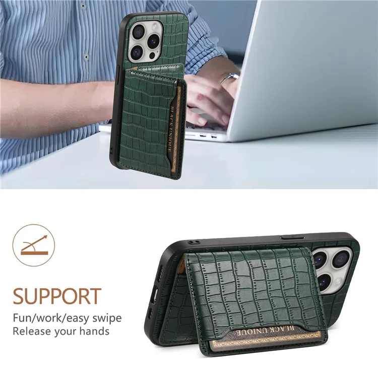 Для Iphone 16 Pro Case Держатель Карты Kickstand Crocodile Текстура - Зеленый
