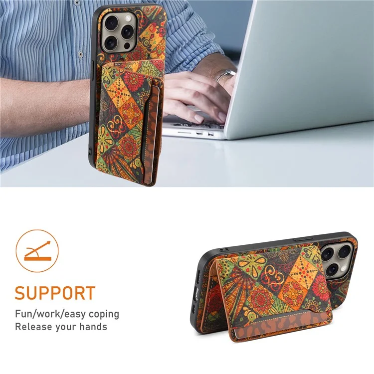 For iPhone 16 Pro Max Case Flower Print Leather+PC+TPU Cover with Card Holder Kickstand - Autumn / Yellow
