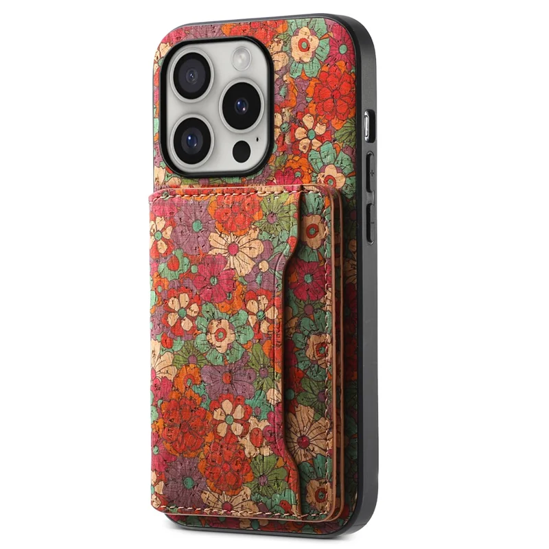 For iPhone 16 Pro Case Flower Print Leather+PC+TPU Cover with Card Holder Kickstand - Summer / Red