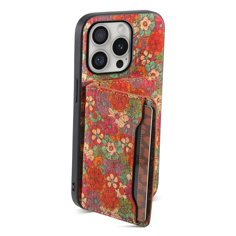 For iPhone 16 Pro Case Flower Print Leather+PC+TPU Cover with Card Holder Kickstand - Summer / Red