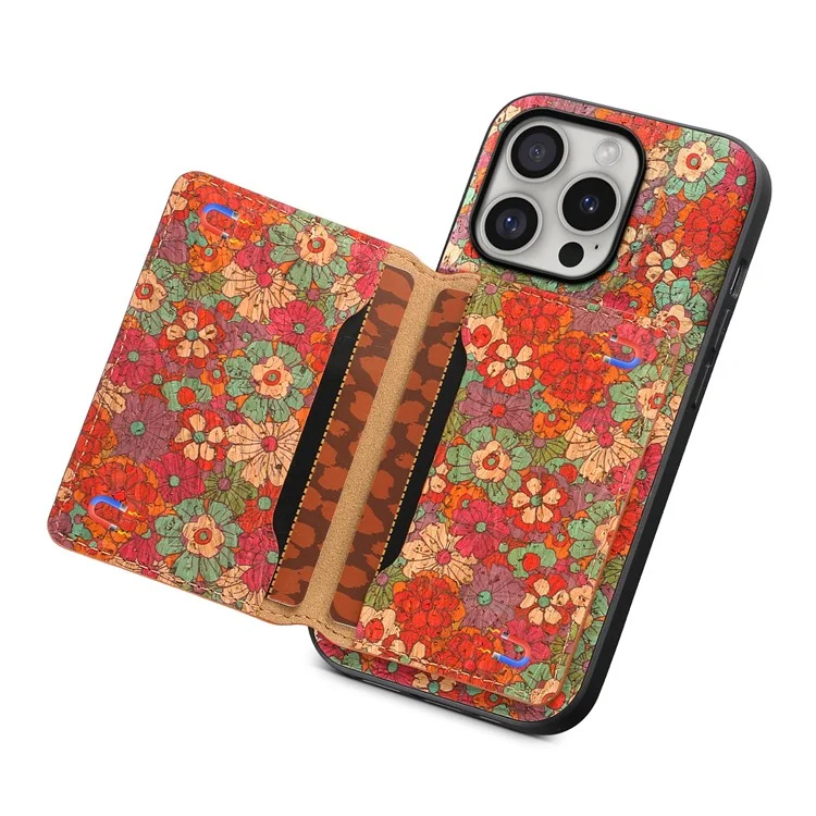 For iPhone 16 Pro Case Flower Print Leather+PC+TPU Cover with Card Holder Kickstand - Summer / Red