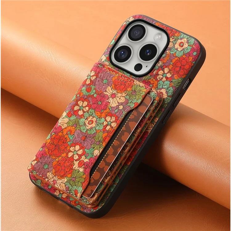 For iPhone 16 Pro Case Flower Print Leather+PC+TPU Cover with Card Holder Kickstand - Summer / Red