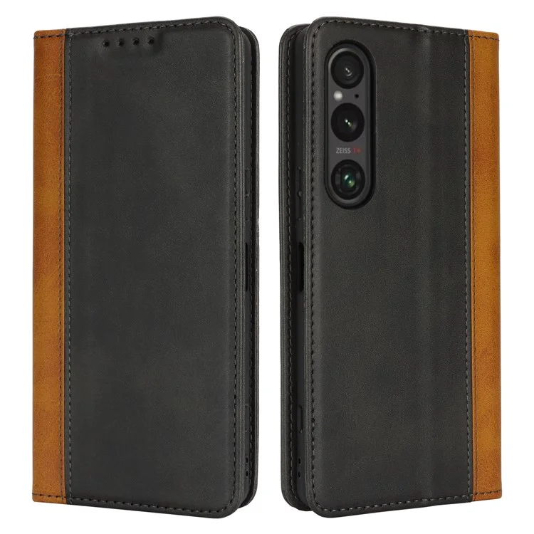 Para Sony Xperia 1 VI Case Tocio de Terneros 3 Ranuras Para Tarjetas Color Spiling Leather Telephip - Negro+amarillo