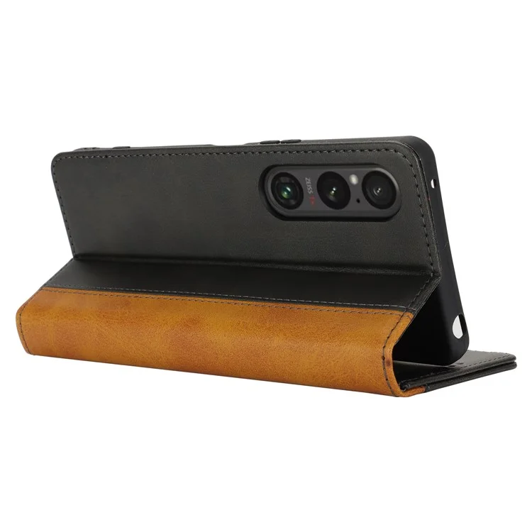 Para Sony Xperia 1 VI Case Tocio de Terneros 3 Ranuras Para Tarjetas Color Spiling Leather Telephip - Negro+amarillo