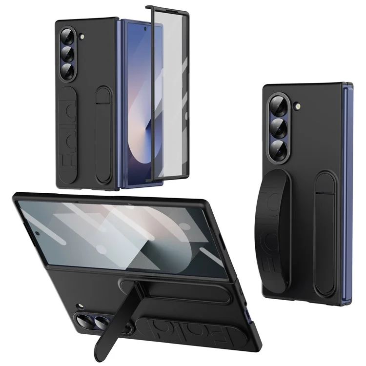 For Samsung Galaxy Z Fold6 5G Case Kickstand Wristband PC Phone Cover with Tempered Glass Film - Black