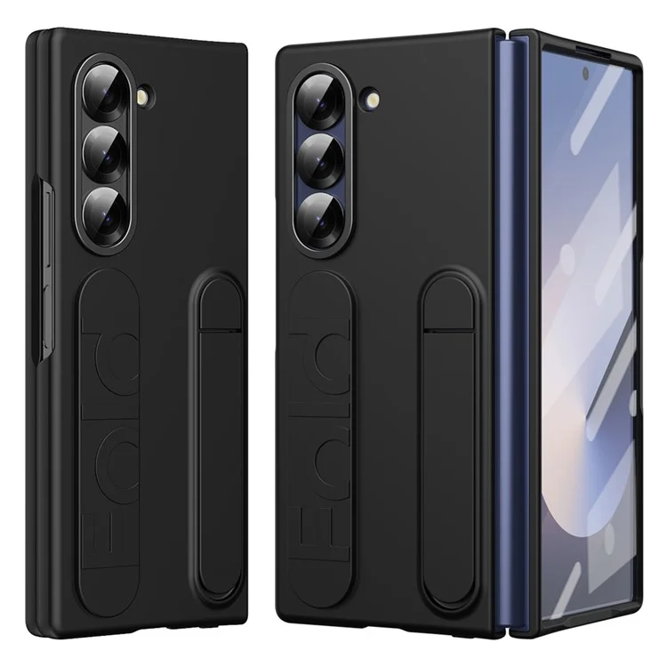 For Samsung Galaxy Z Fold6 5G Case Kickstand Wristband PC Phone Cover with Tempered Glass Film - Black