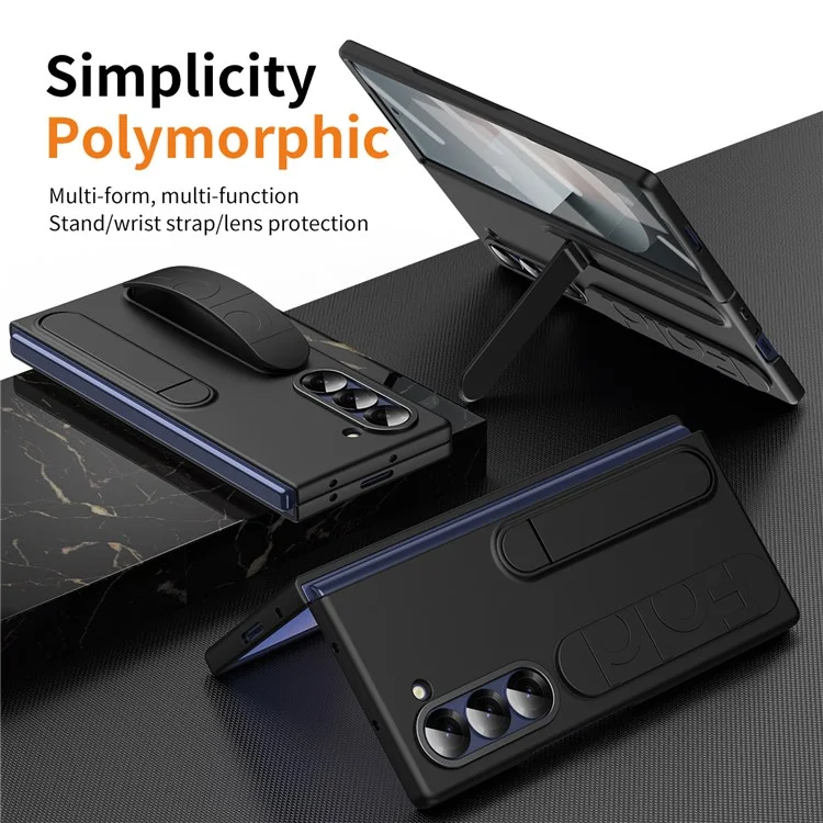 For Samsung Galaxy Z Fold6 5G Case Kickstand Wristband PC Phone Cover with Tempered Glass Film - Black