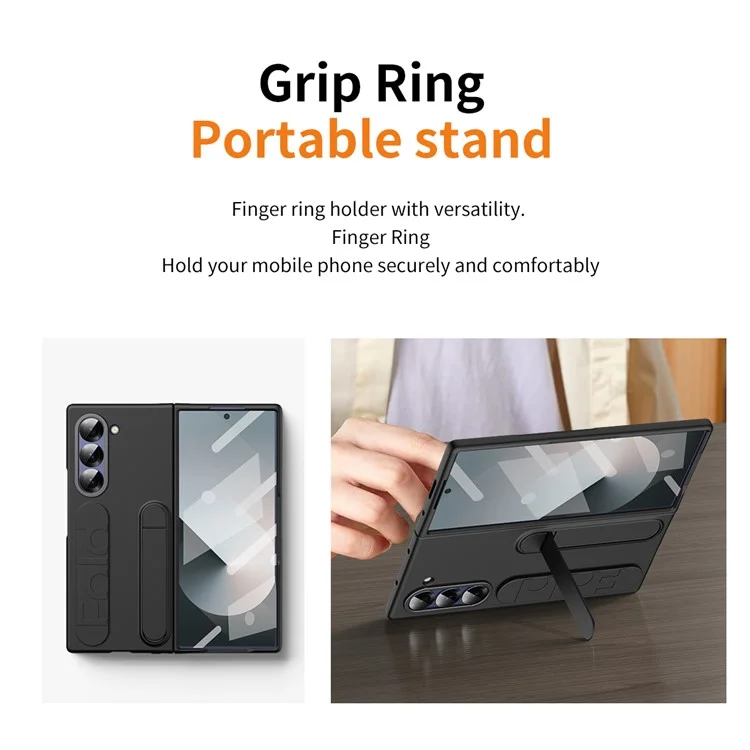 For Samsung Galaxy Z Fold6 5G Case Kickstand Wristband PC Phone Cover with Tempered Glass Film - Black