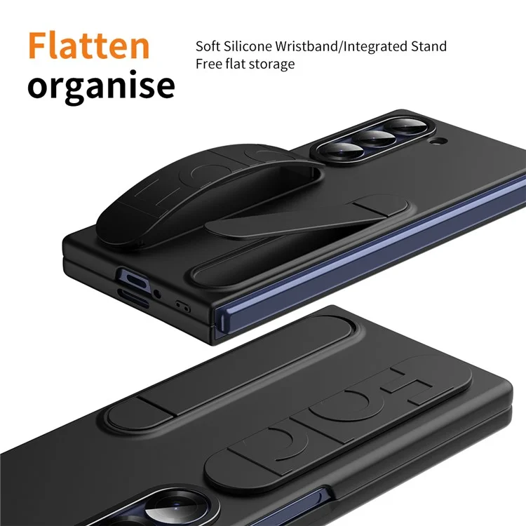 For Samsung Galaxy Z Fold6 5G Case Kickstand Wristband PC Phone Cover with Tempered Glass Film - Black