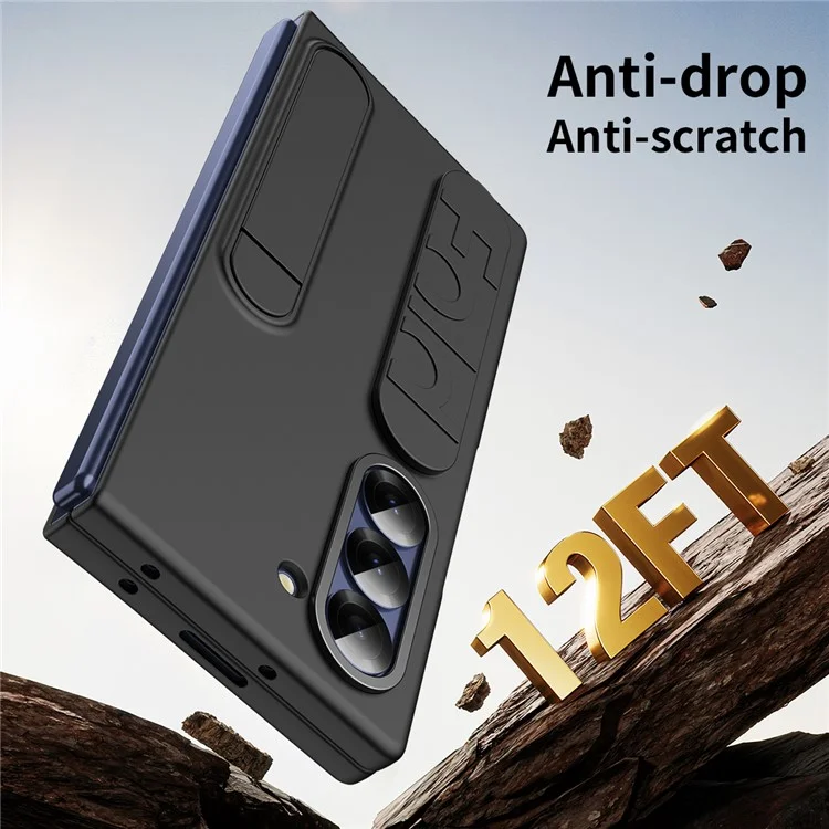 For Samsung Galaxy Z Fold6 5G Case Kickstand Wristband PC Phone Cover with Tempered Glass Film - Black
