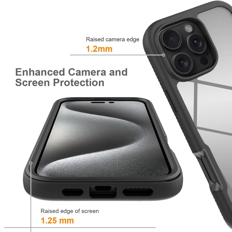 For iPhone 16 Pro Max Case PC+TPU Clear Phone Cover with PET Screen Film - Black