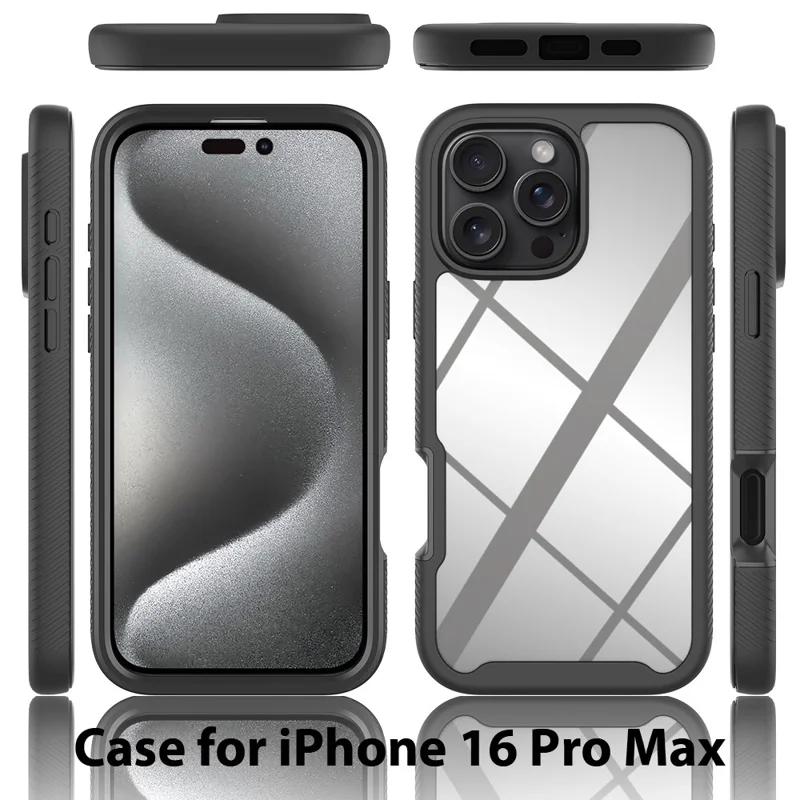For iPhone 16 Pro Max Case PC+TPU Clear Phone Cover with PET Screen Film - Black