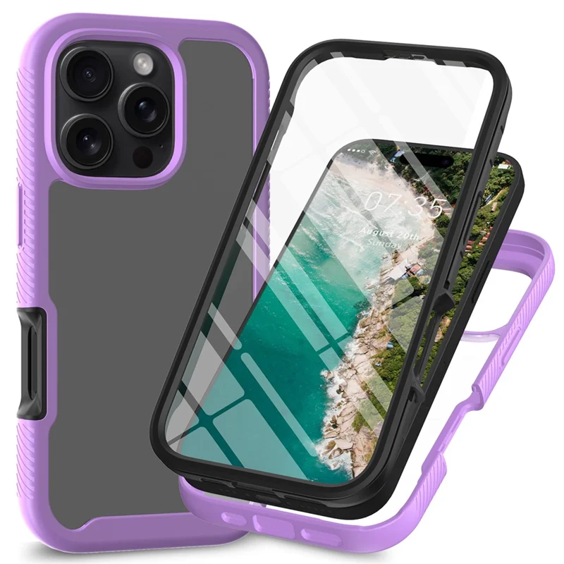 For iPhone 16 Pro Max Case PC+TPU Clear Phone Cover with PET Screen Film - Purple