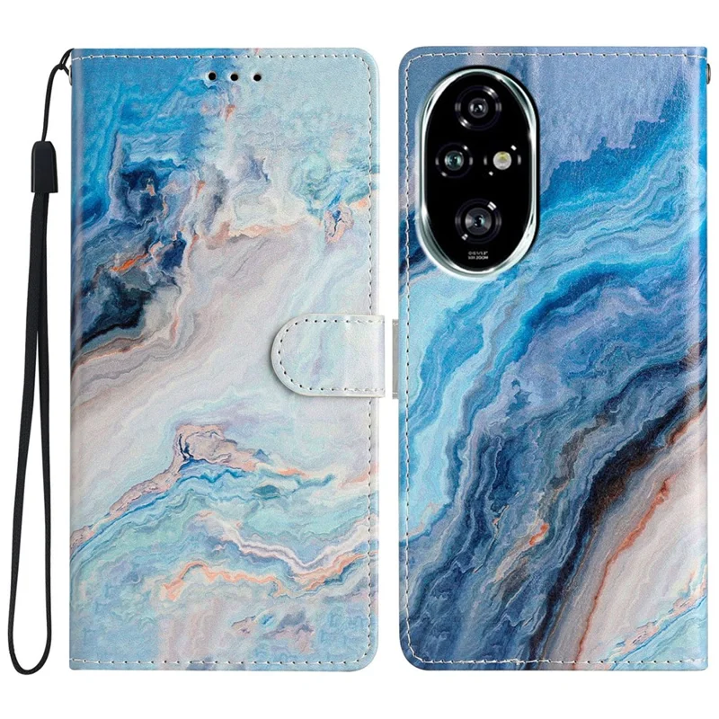 For Honor 200 Pro 5G Wallet Case PU Leather Pattern Printing Stand Phone Cover with Strap - Blue Marble