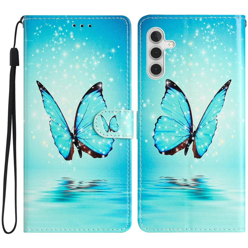 For Samsung Galaxy A16 5G / A16 4G Wallet Case PU Leather Pattern Printing Stand Phone Cover with Strap - Blue Butterfly