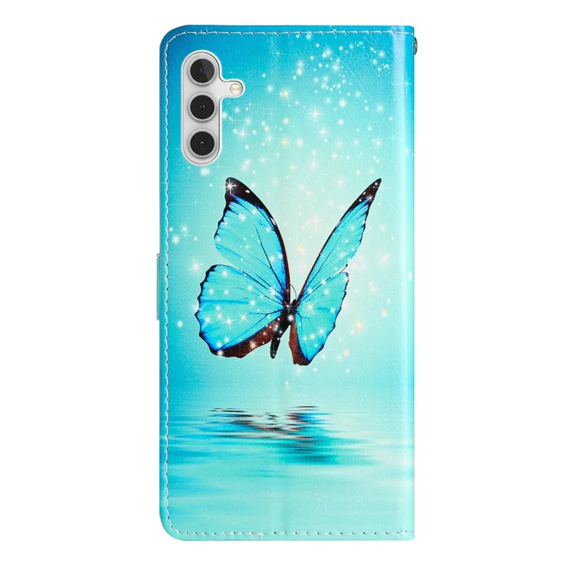 For Samsung Galaxy A16 5G / A16 4G Wallet Case PU Leather Pattern Printing Stand Phone Cover with Strap - Blue Butterfly