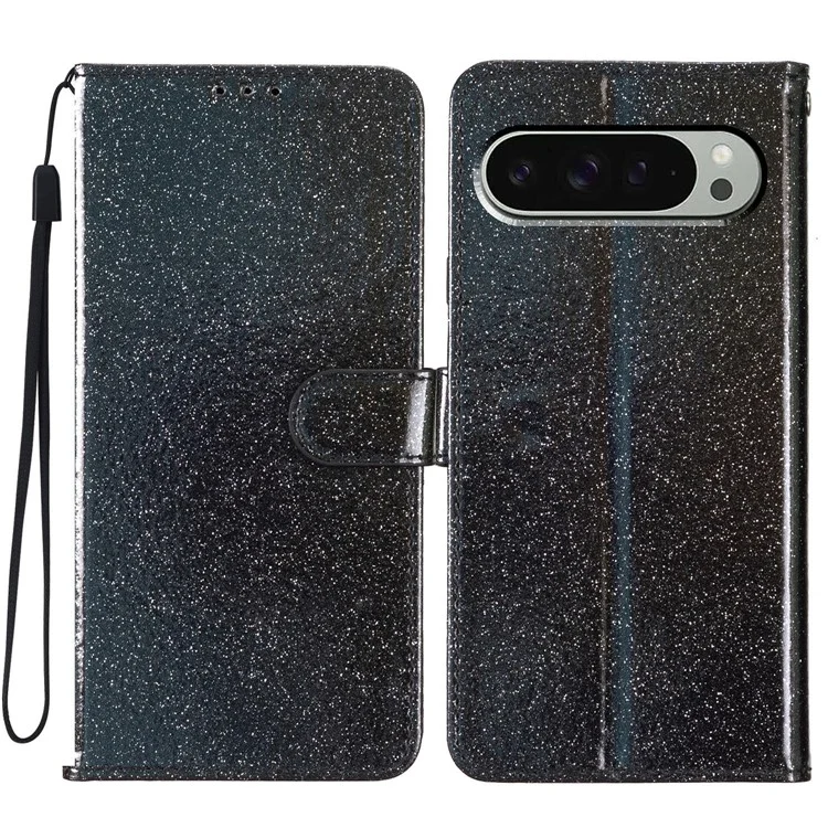 Für Google Pixel 9 Pro XL Wallet Case Glitter Anti-Scratch Ledertelefonhülle mit Ständer - Schwarz