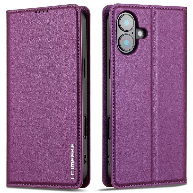 LC.IMEEKE L1 Series for iPhone 16 Plus Case PU Leather Wallet Stand Protective Phone Cover - Púrpura