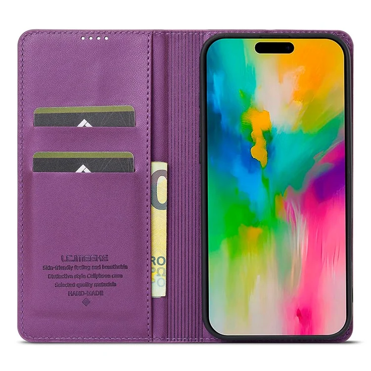 LC.IMEEKE L1 Series for iPhone 16 Plus Case PU Leather Wallet Stand Protective Phone Cover - Púrpura