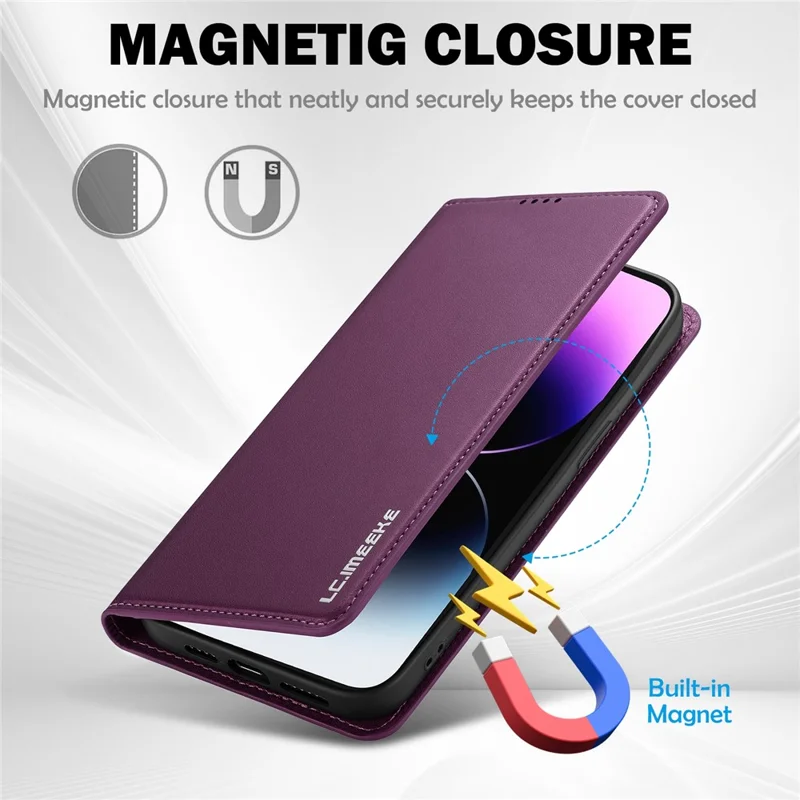 LC.IMEEKE L1 Series for iPhone 16 Plus Case PU Leather Wallet Stand Protective Phone Cover - Púrpura