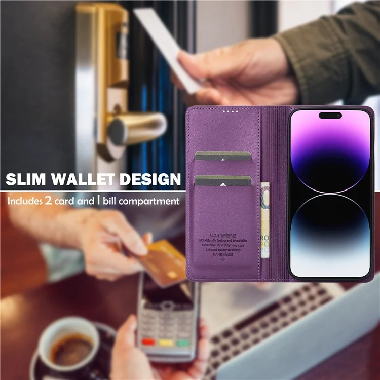 LC.IMEEKE L1 Series for iPhone 16 Plus Case PU Leather Wallet Stand Protective Phone Cover - Púrpura
