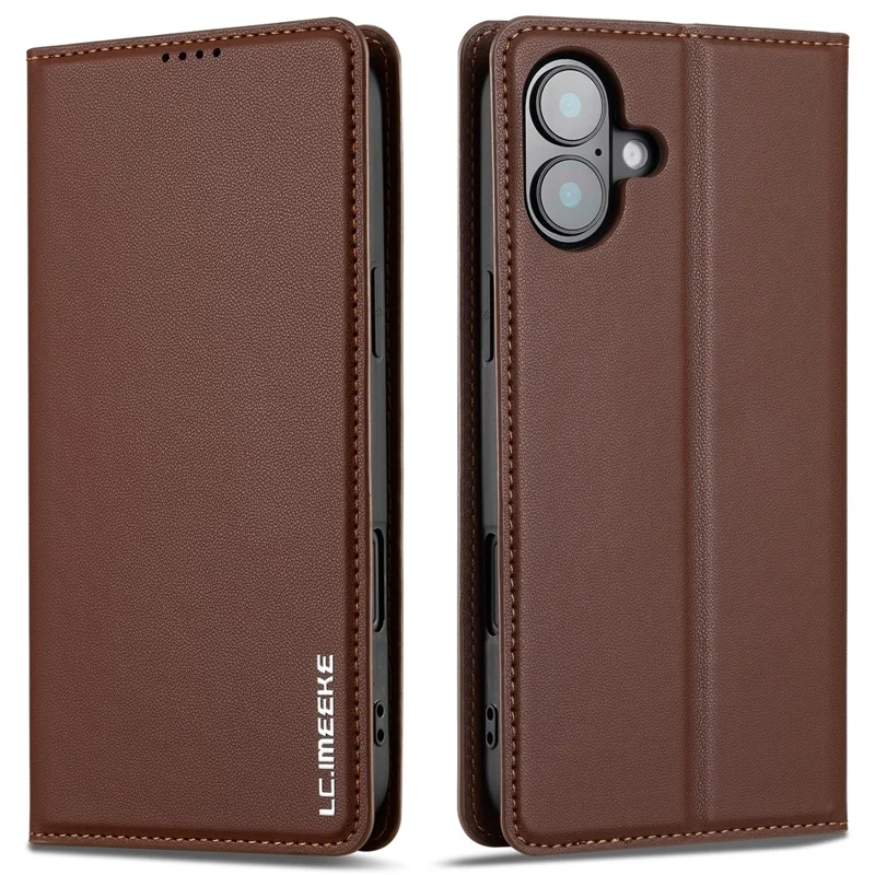 LC.IMEEKE L1 Series for iPhone 16 Plus Case PU Leather Wallet Stand Protective Phone Cover - Brown