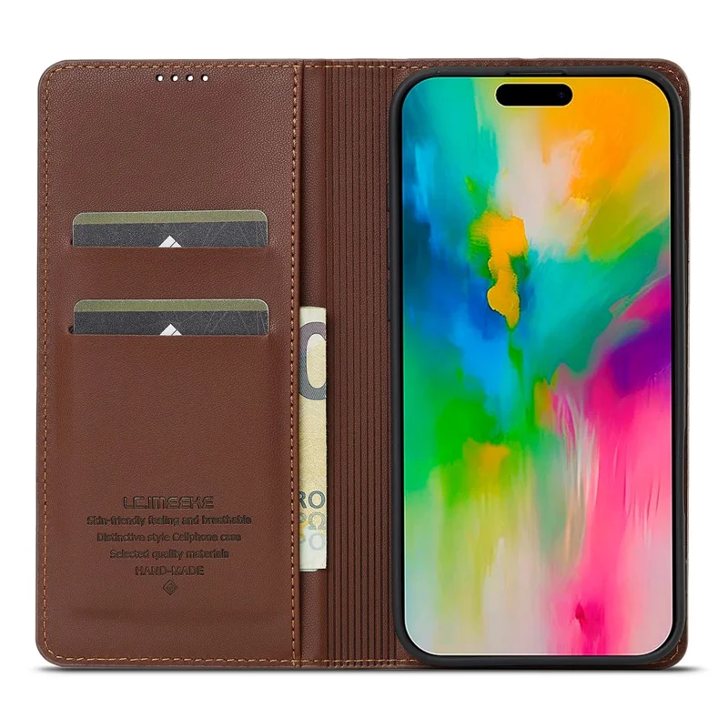 LC.IMEEKE L1 Series for iPhone 16 Plus Case PU Leather Wallet Stand Protective Phone Cover - Brown