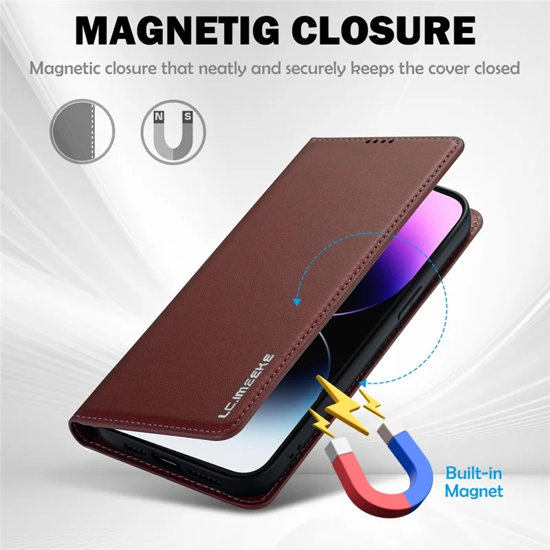 LC.IMEEKE L1 Series for iPhone 16 Plus Case PU Leather Wallet Stand Protective Phone Cover - Brown