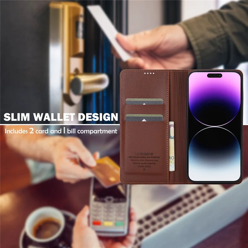 LC.IMEEKE L1 Series for iPhone 16 Plus Case PU Leather Wallet Stand Protective Phone Cover - Brown