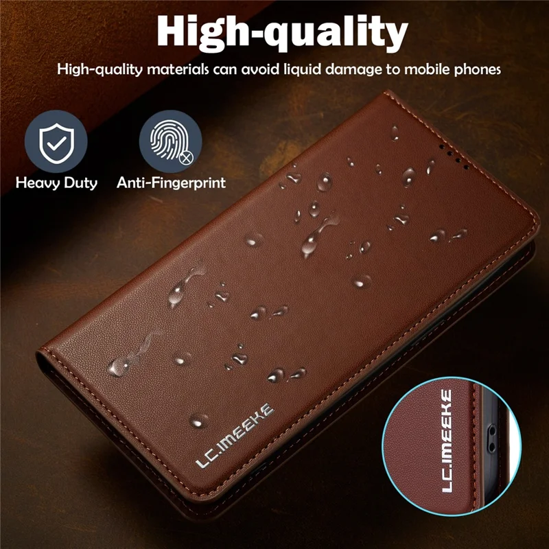 LC.IMEEKE L1 Series for iPhone 16 Plus Case PU Leather Wallet Stand Protective Phone Cover - Brown