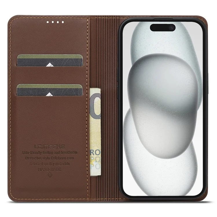 Lc. Serie Imeeke L1 Para Iphone 15 Plus Case PU Cuero de Cuero Soporte Protectora Tubo de Teléfono - Marrón