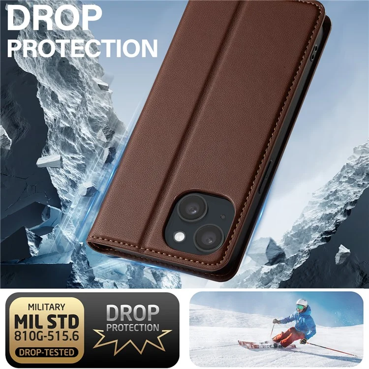 Lc. Serie Imeeke L1 Para Iphone 15 Plus Case PU Cuero de Cuero Soporte Protectora Tubo de Teléfono - Marrón