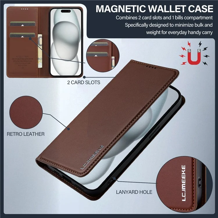 Lc. Serie Imeeke L1 Para Iphone 15 Plus Case PU Cuero de Cuero Soporte Protectora Tubo de Teléfono - Marrón
