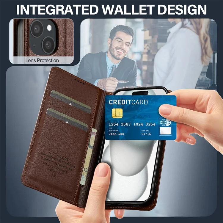 Lc. Serie Imeeke L1 Para Iphone 15 Plus Case PU Cuero de Cuero Soporte Protectora Tubo de Teléfono - Marrón