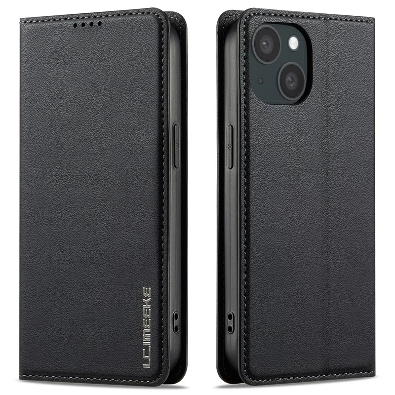 LC.IMEEKE L1 Series for iPhone 15 Plus Case PU Leather Wallet Stand Protective Phone Cover - Black