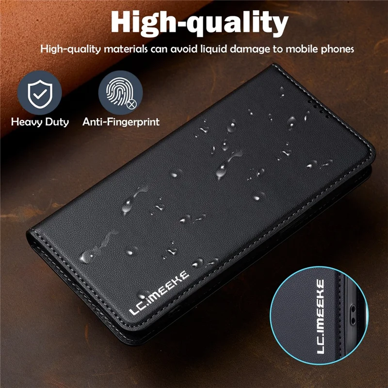 LC.IMEEKE L1 Series for iPhone 15 Plus Case PU Leather Wallet Stand Protective Phone Cover - Black
