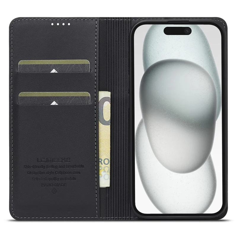 LC.IMEEKE L1 Series for iPhone 15 Plus Case PU Leather Wallet Stand Protective Phone Cover - Black