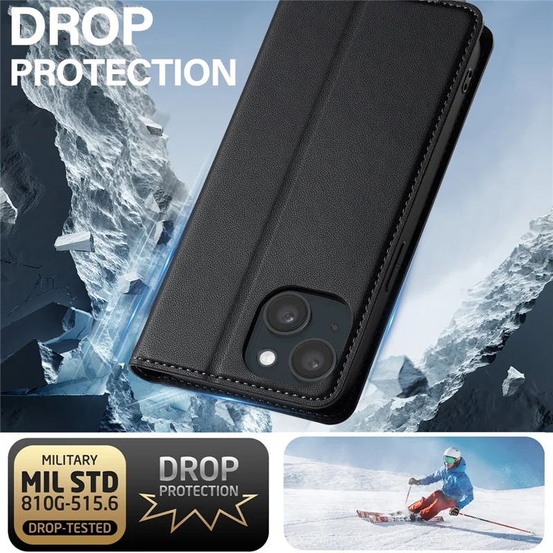 LC.IMEEKE L1 Series for iPhone 15 Plus Case PU Leather Wallet Stand Protective Phone Cover - Black