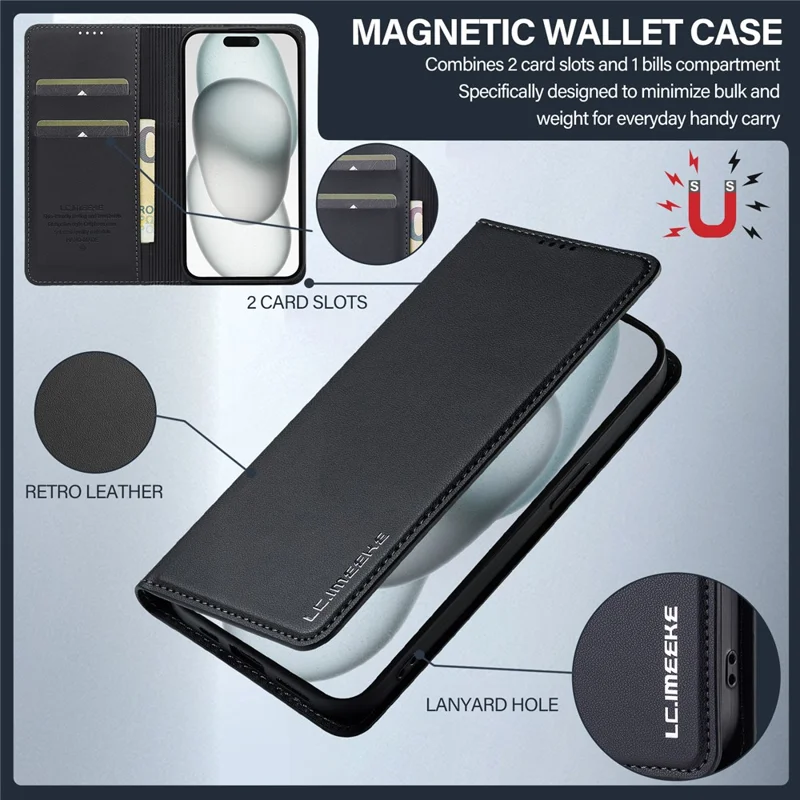 LC.IMEEKE L1 Series for iPhone 15 Plus Case PU Leather Wallet Stand Protective Phone Cover - Black