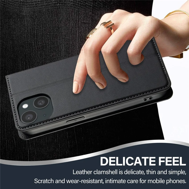 LC.IMEEKE L1 Series for iPhone 15 Plus Case PU Leather Wallet Stand Protective Phone Cover - Black