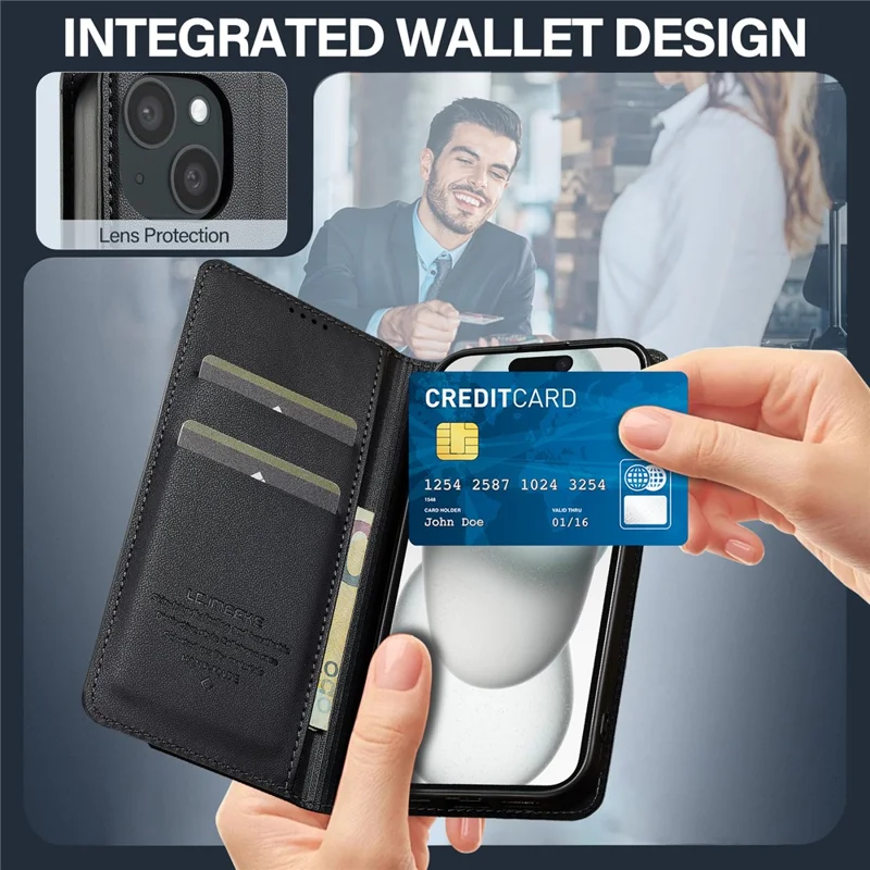 LC.IMEEKE L1 Series for iPhone 15 Plus Case PU Leather Wallet Stand Protective Phone Cover - Black