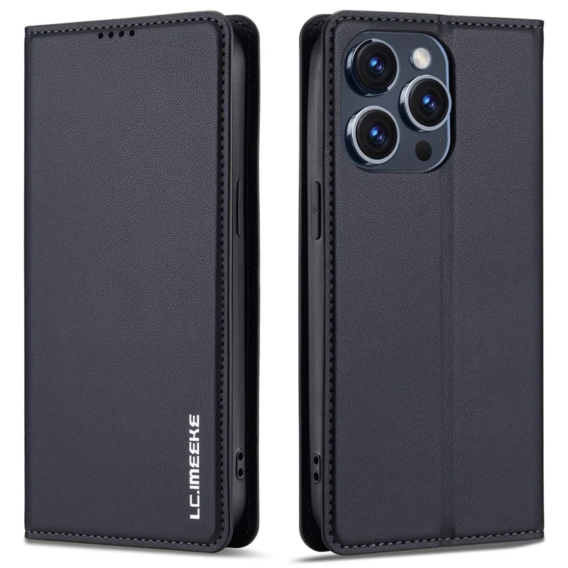 LC.IMEEKE L1 Series for iPhone 15 Pro Case PU Leather Wallet Stand Protective Phone Cover - Black